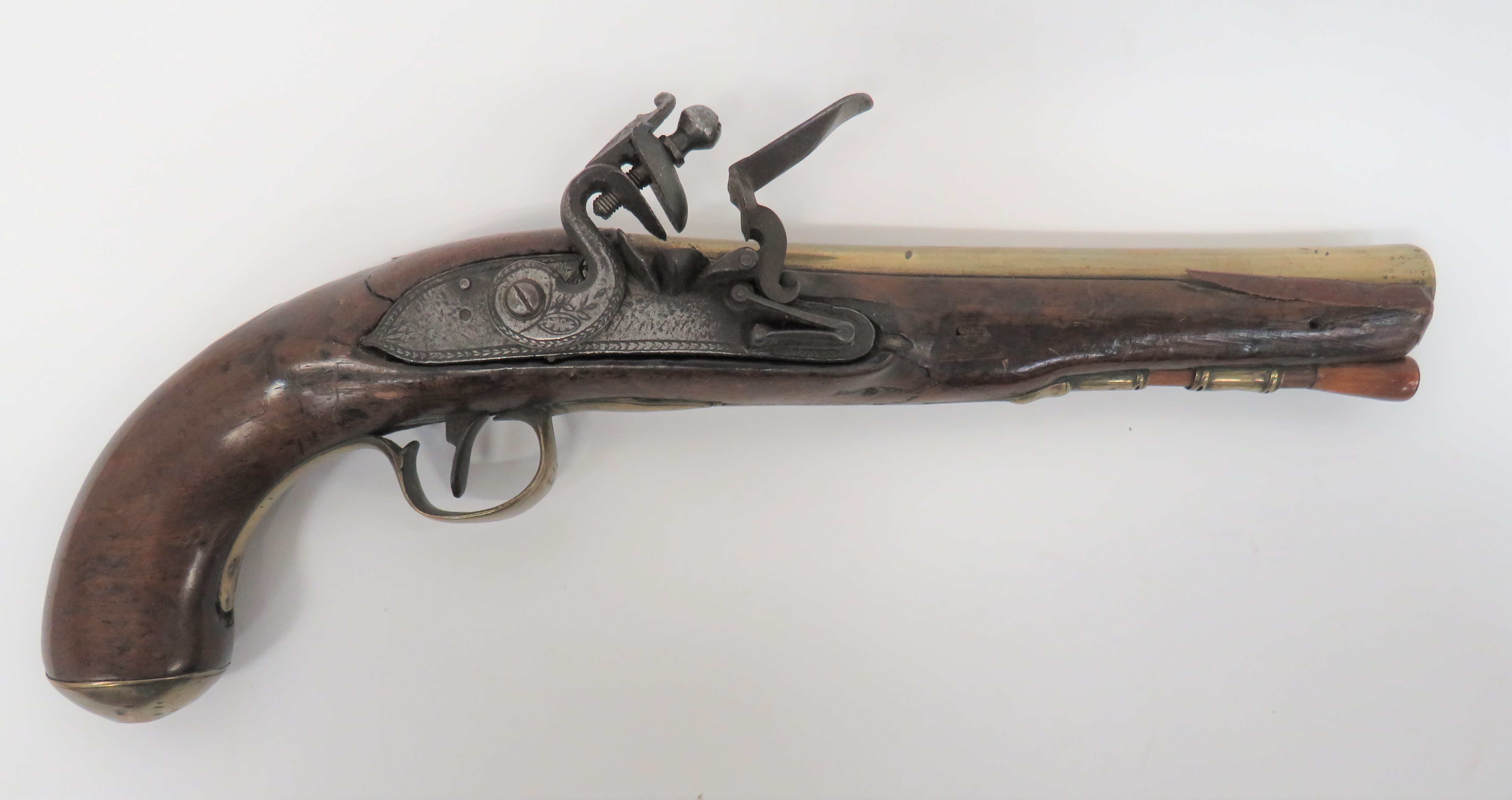 Late 18th Century Brass Barrel Flintlock Holster Pistol .600, 8 inch, brass barrel.  The top
