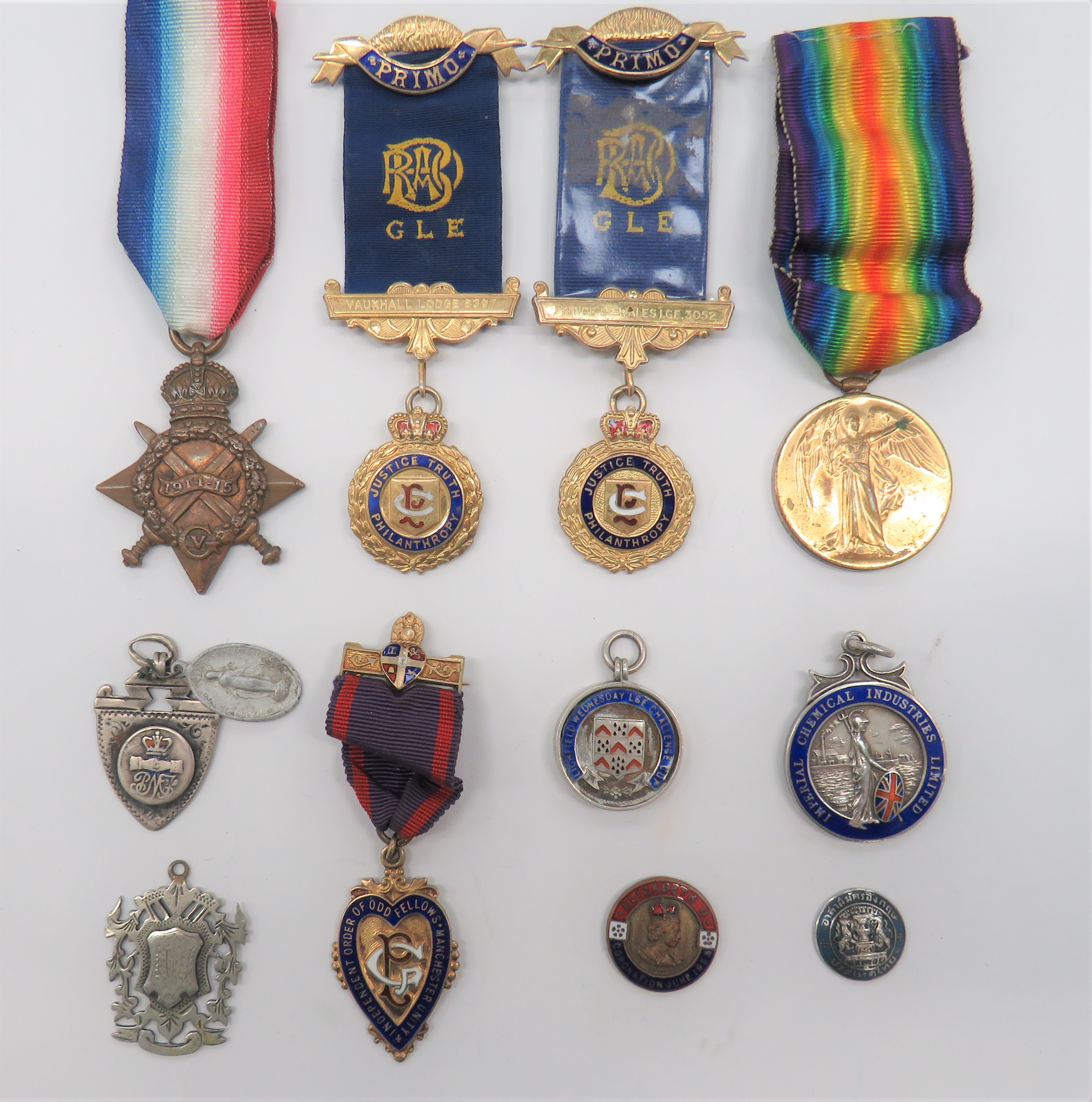 WW1 Medals and Buffalo Medallions consisting 1914/15 Star named ""L-14976 Pte E G Buzzel R Fus"" ...