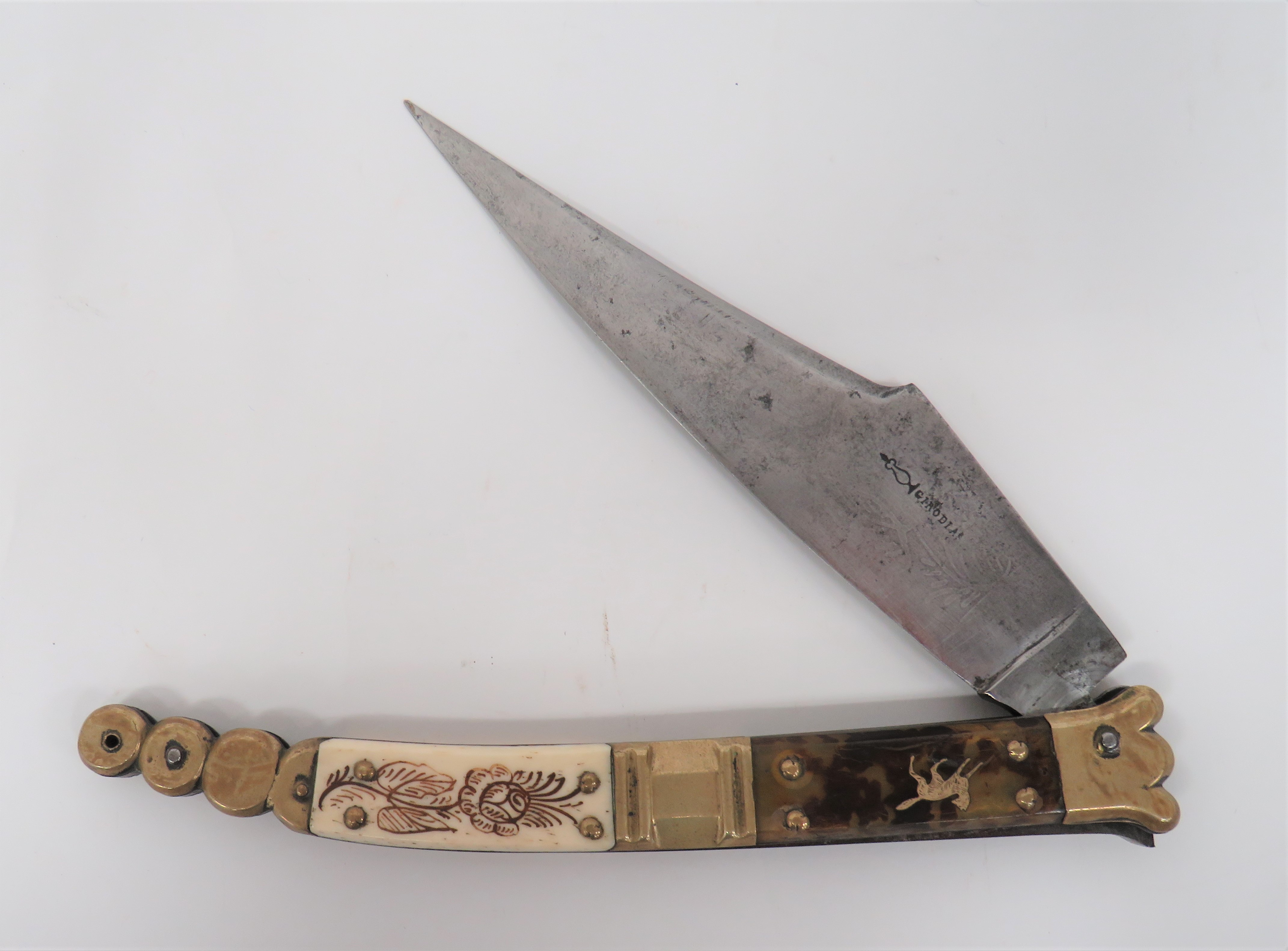 Early 19th Century Spanish "Vendetta" Knife 6 1/2 inch, single edged blade with checkered back edge.