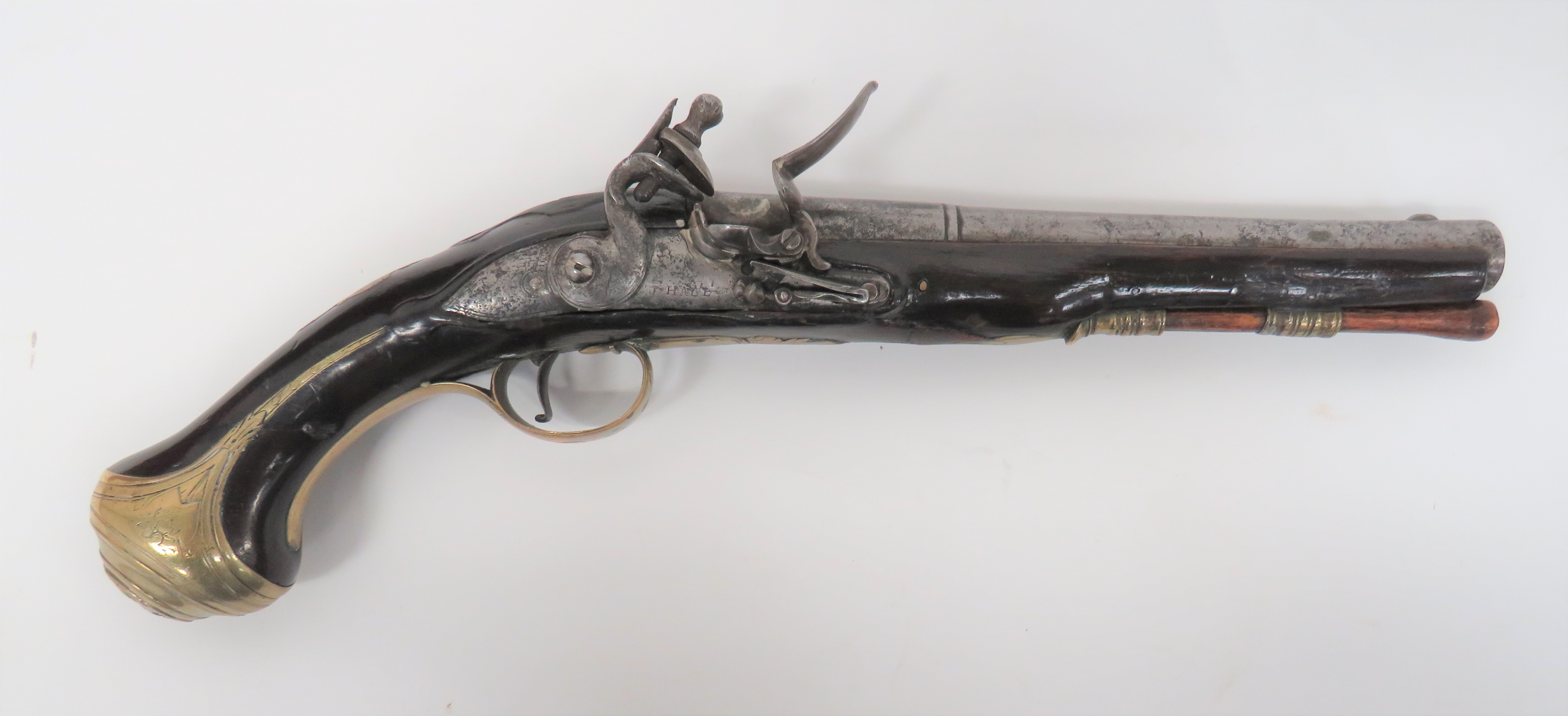 Late 18th Century Flintlock Holster Pistol 20 bore, 8 inch, cannon barrel.  The breech with two