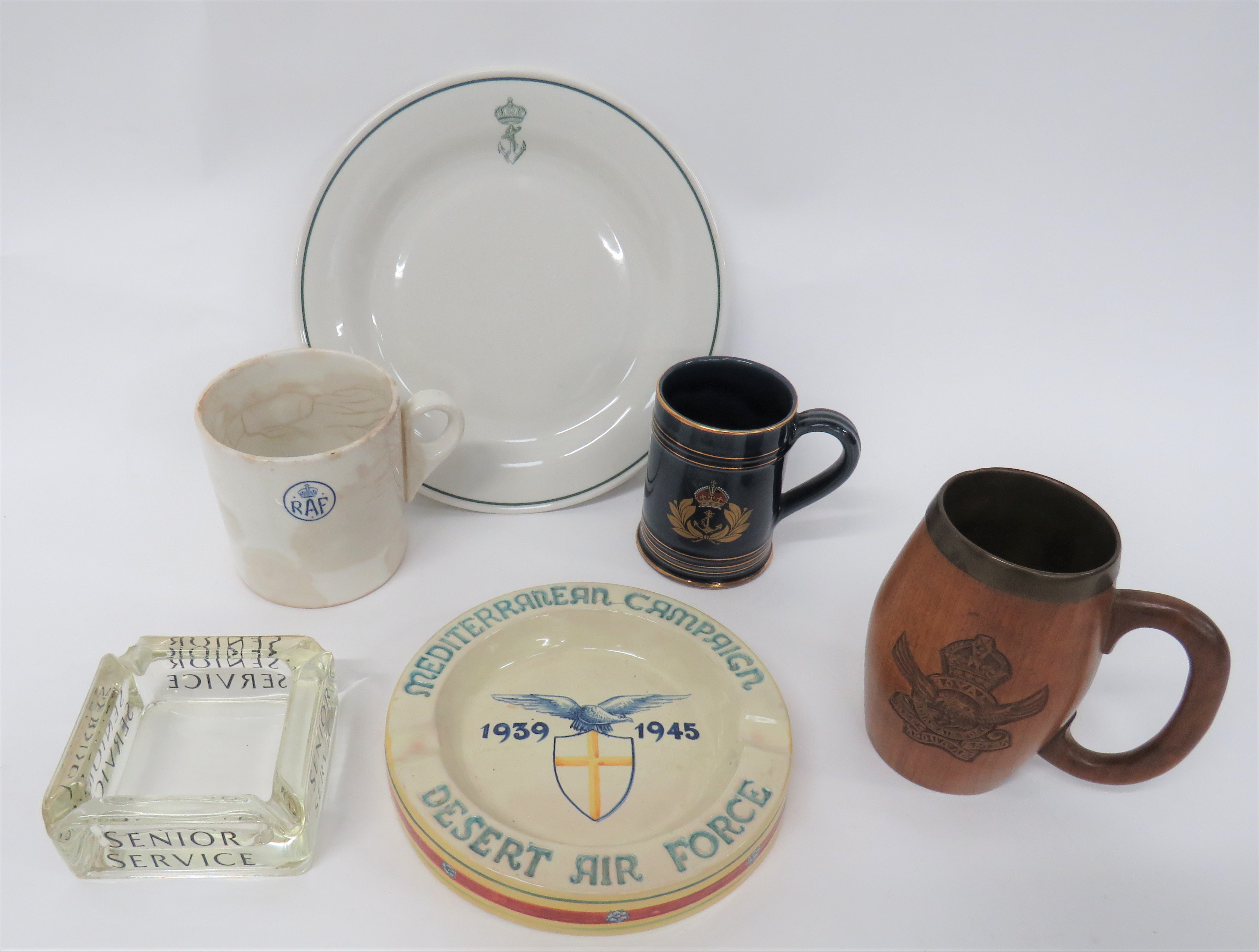 Air Force Tankards and Other Items consisting turned wooden tankard with carved, KC Royal Indian Air