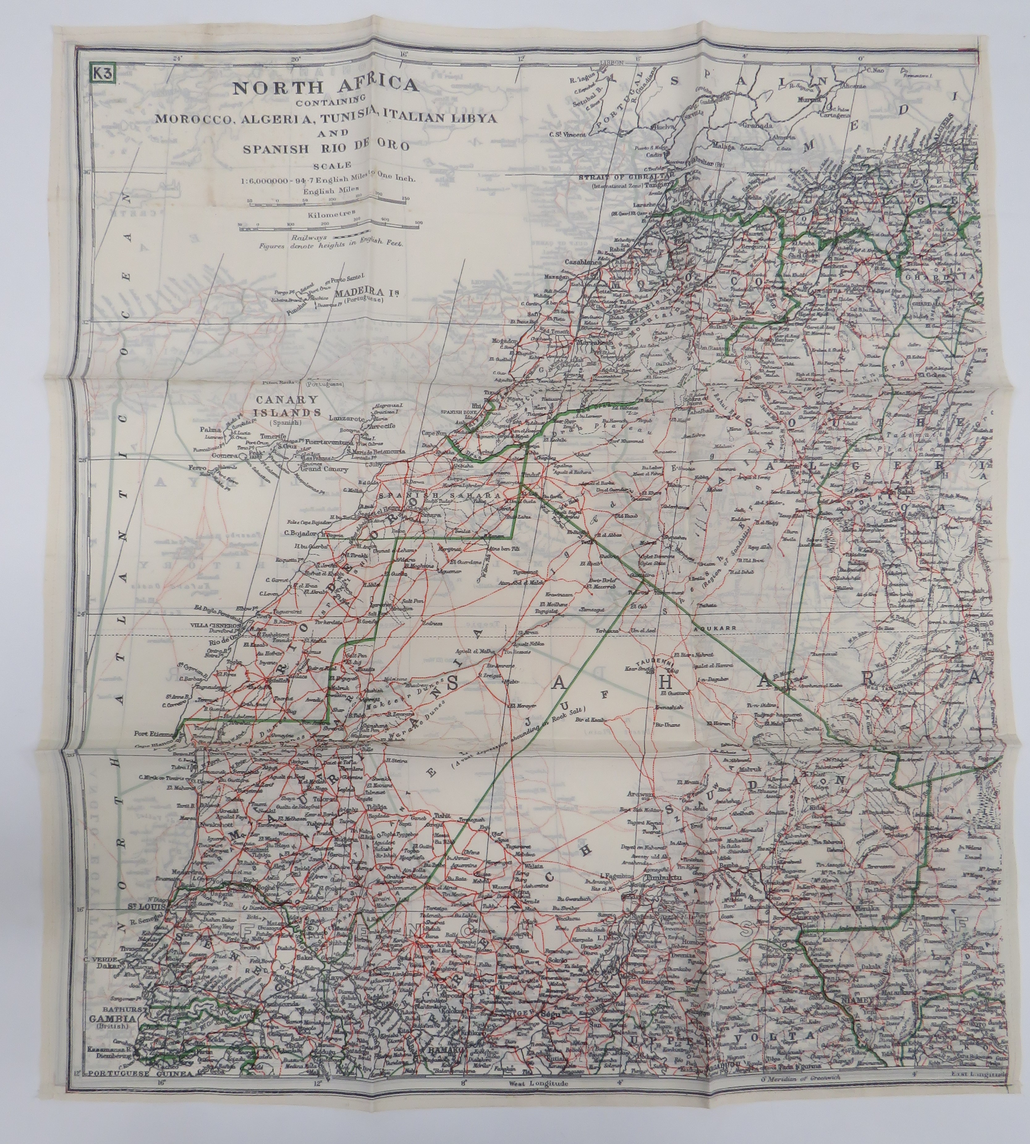 RAF WW2 Silk Escape Map North Africa colour printed, double sided, "K2/K3" silk map covering