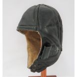 Interwar Period Leather Flying Helmet black leather, six panel helmet.  Roll up, leather ear flaps.