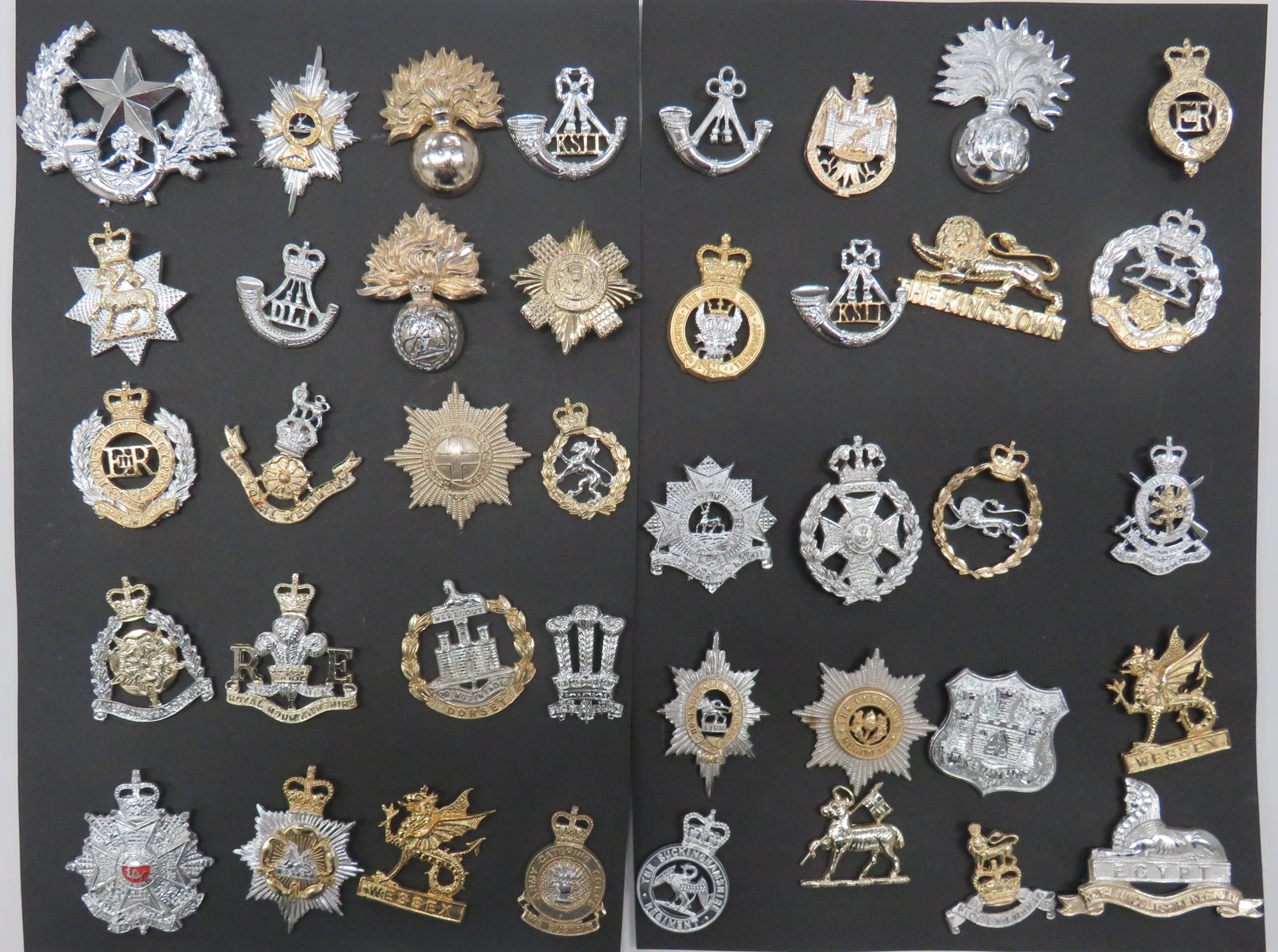 Anodised Cap Badges including The Kings Own ... QC Royal Hampshire ... KSLI ... Bedfordshire ...