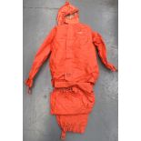 Post War Flight Transference Immersion Suit orange PVC, fly front jacket with large pull up hood,