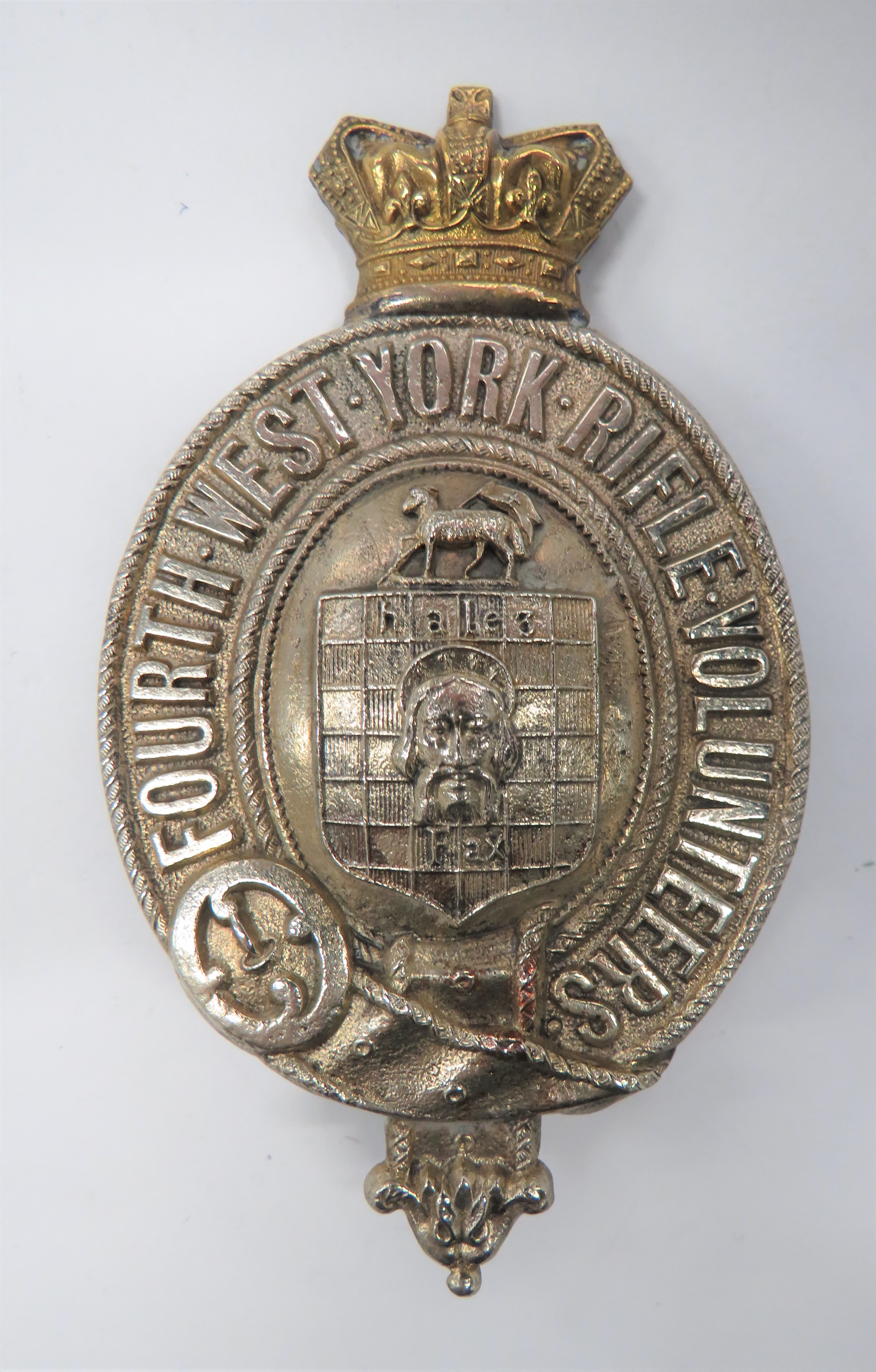 Fourth West York Rifle Volunteers Pouch Badge white metal, inscribed belted oval, central shield.