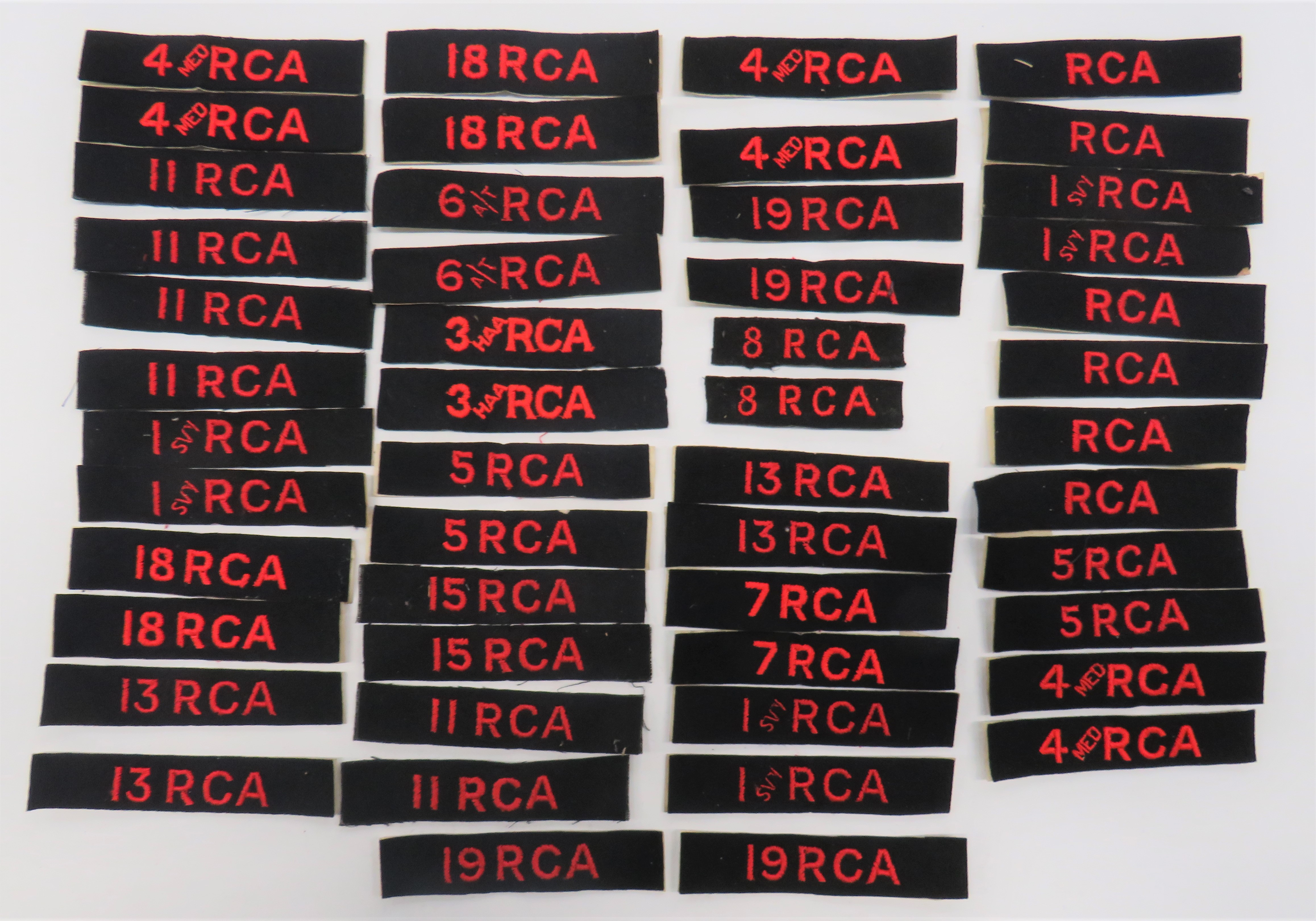 Royal Canadian Artillery Embroidery Shoulder Title Pairs pairs include RCA ... 7 RCA ... 18