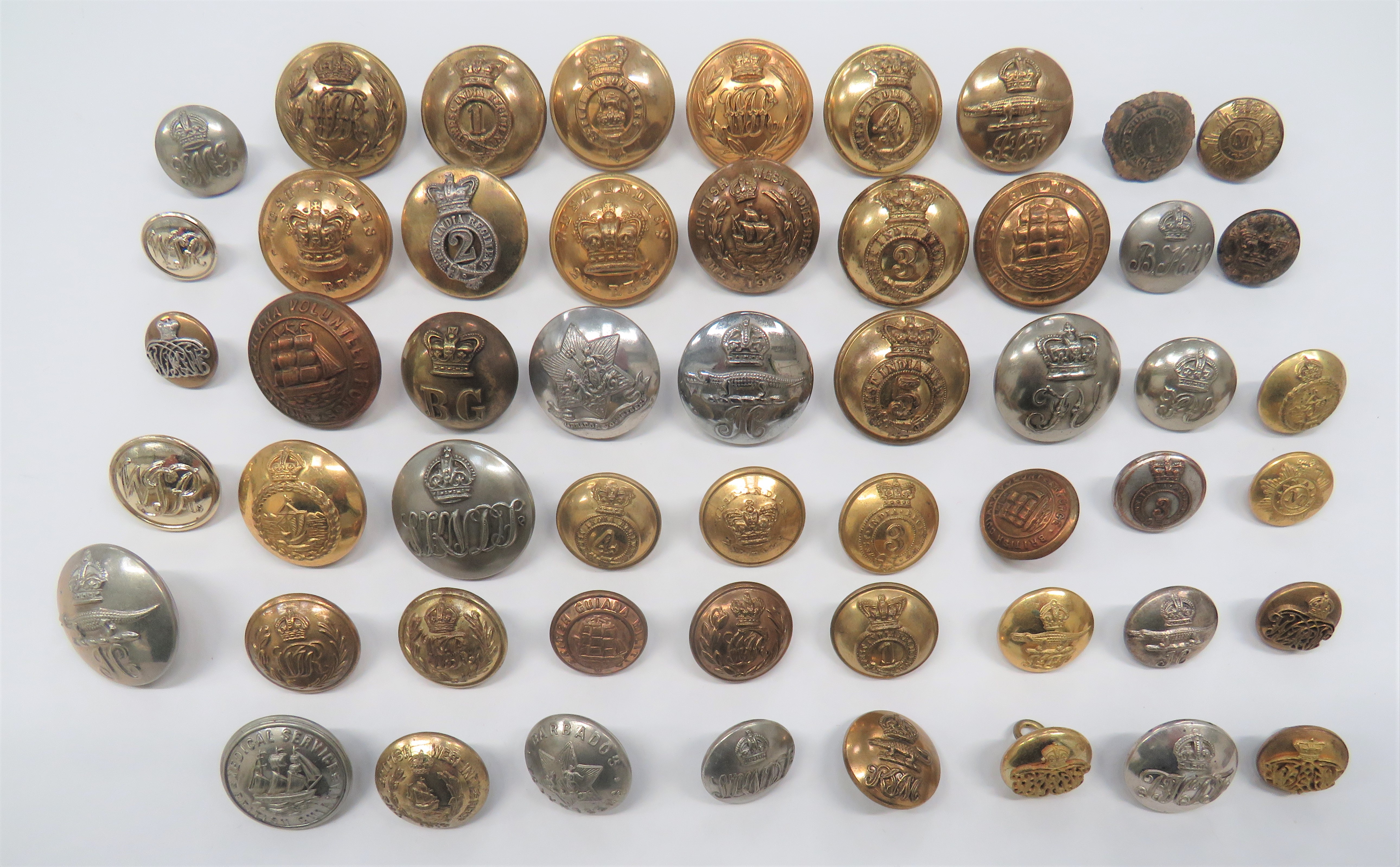 54 Various Mainly West Indian Unit Buttons  A good and varied interesting selection, mainly