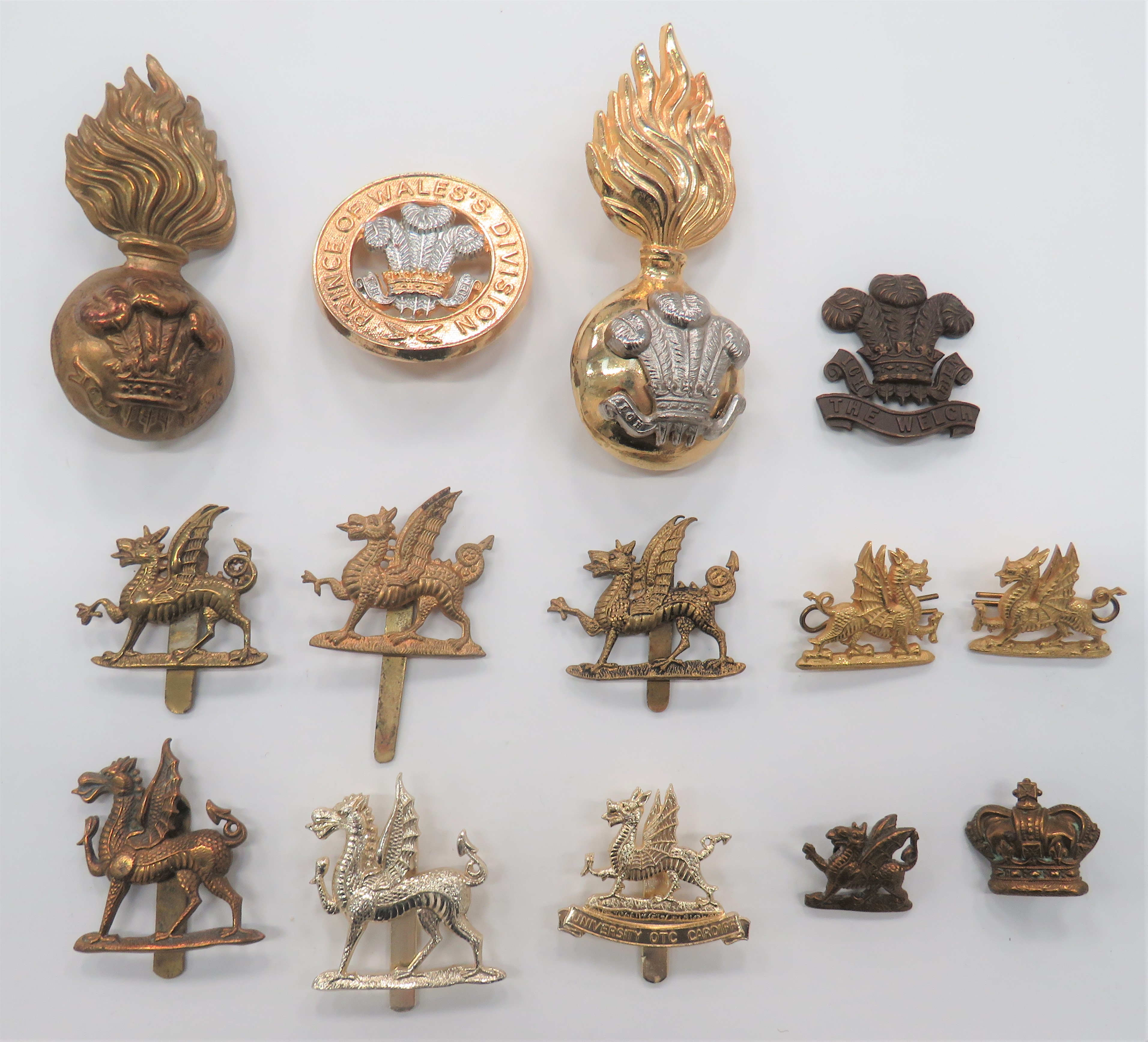 Small Selection of Welsh Badges including brass, Royal Welsh Fusiliers busby grenade ... Current,