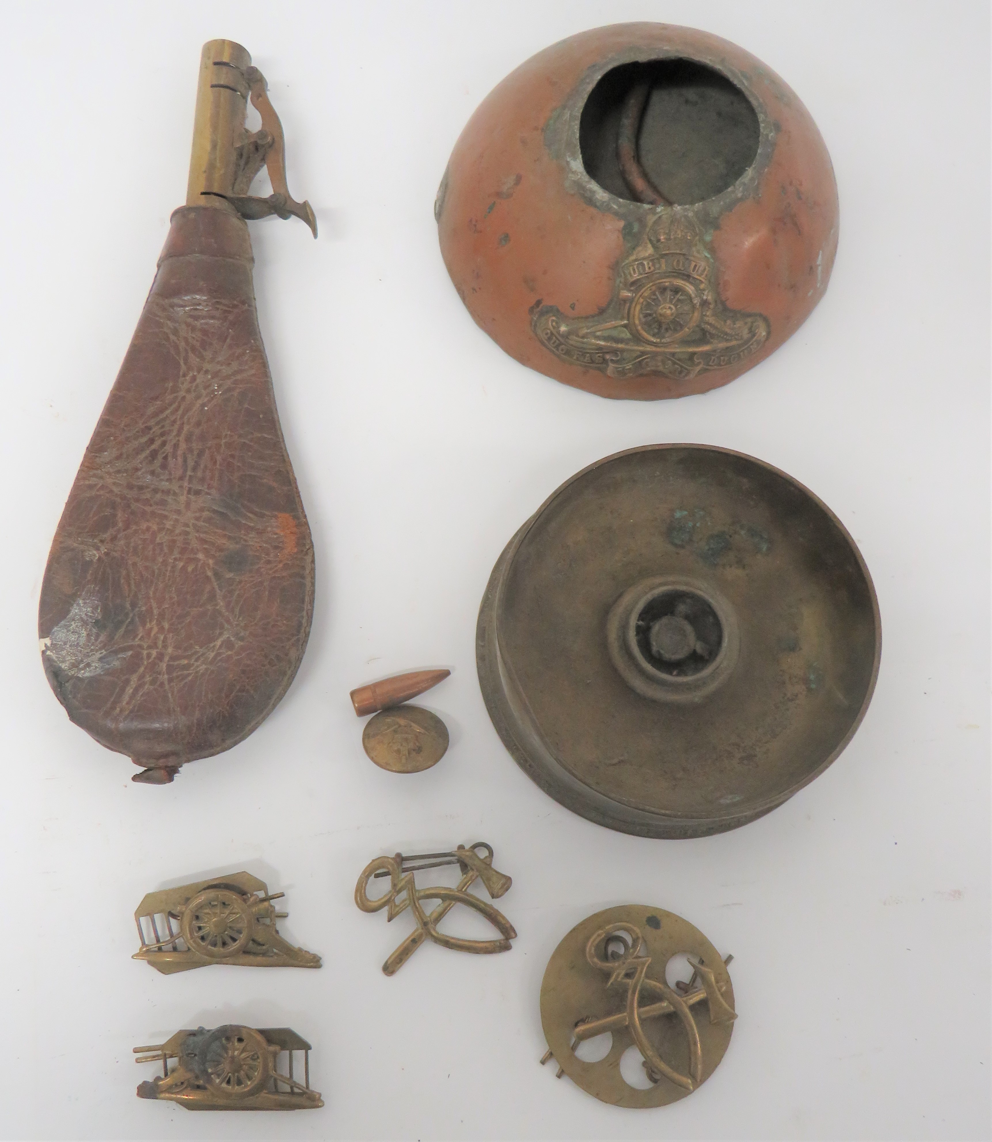 Small Selection of Various Military Items consisting leather shot flask with adjustable brass nozzle