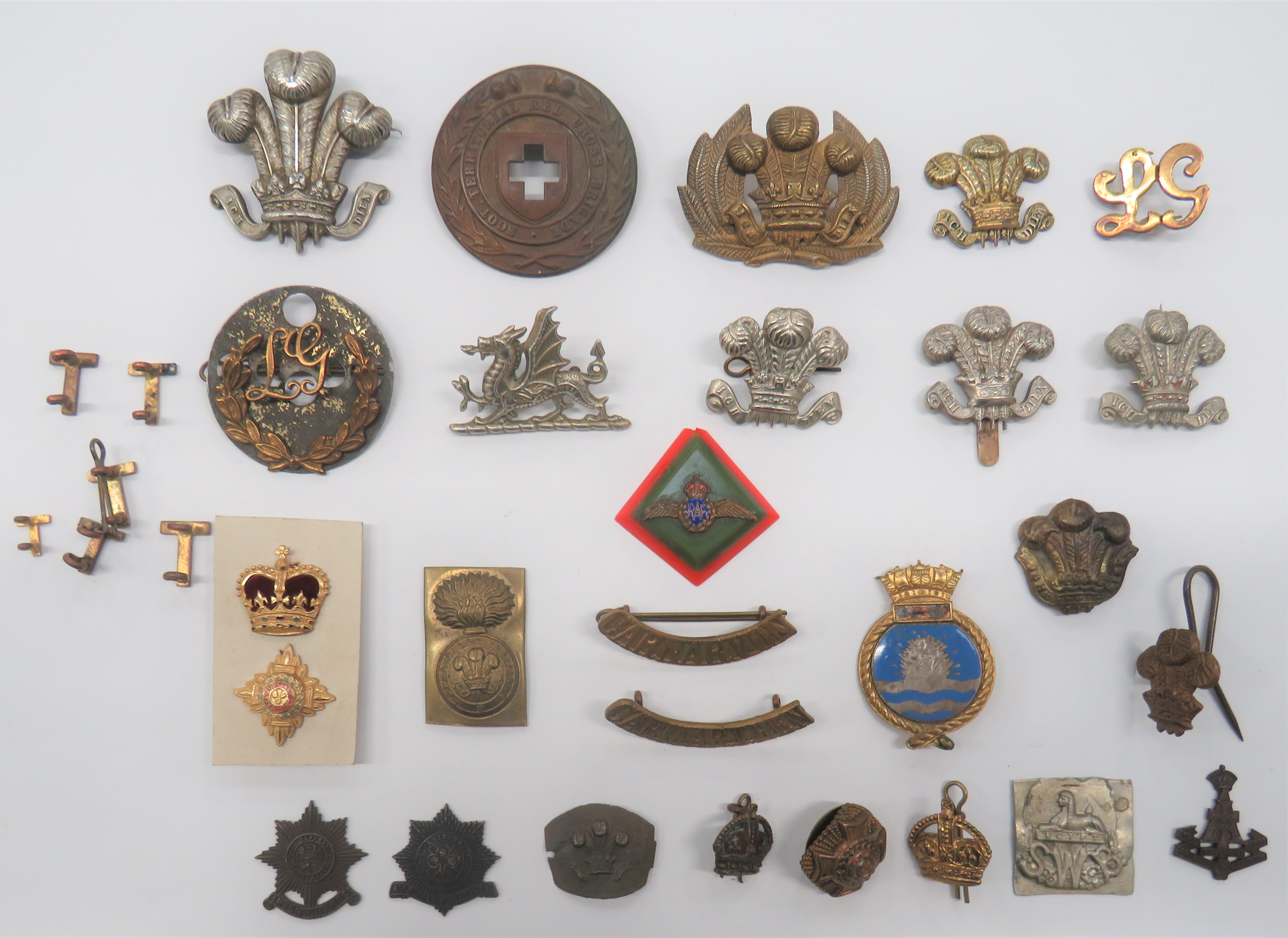 Small Selection of Various Badges including brass, Scot Territorial Red Cross Brigade pouch