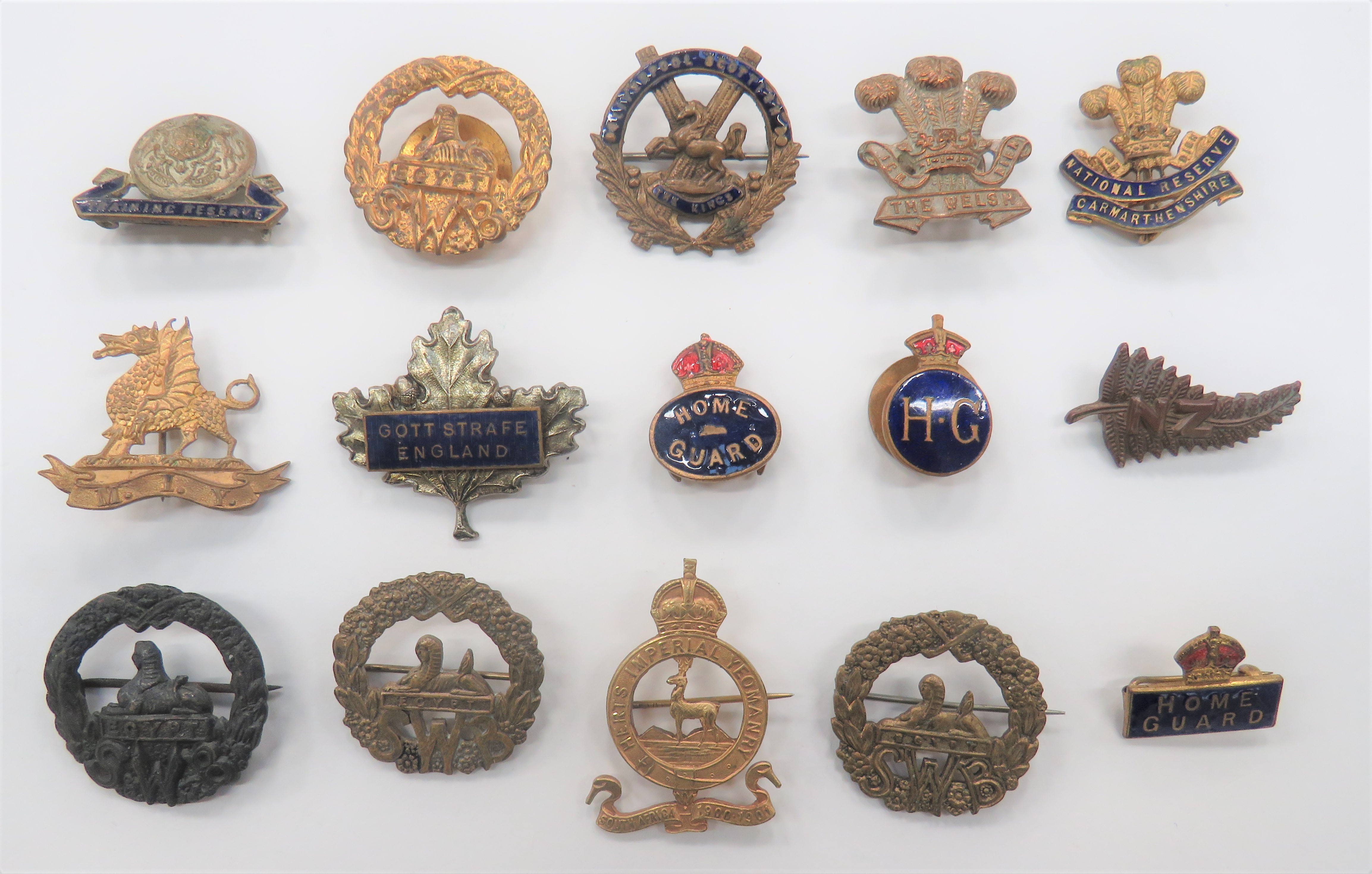 Selection of Military Lapel Badges including bronzed NZ Forces (brooched) ... Bronzed SWB (brooched)