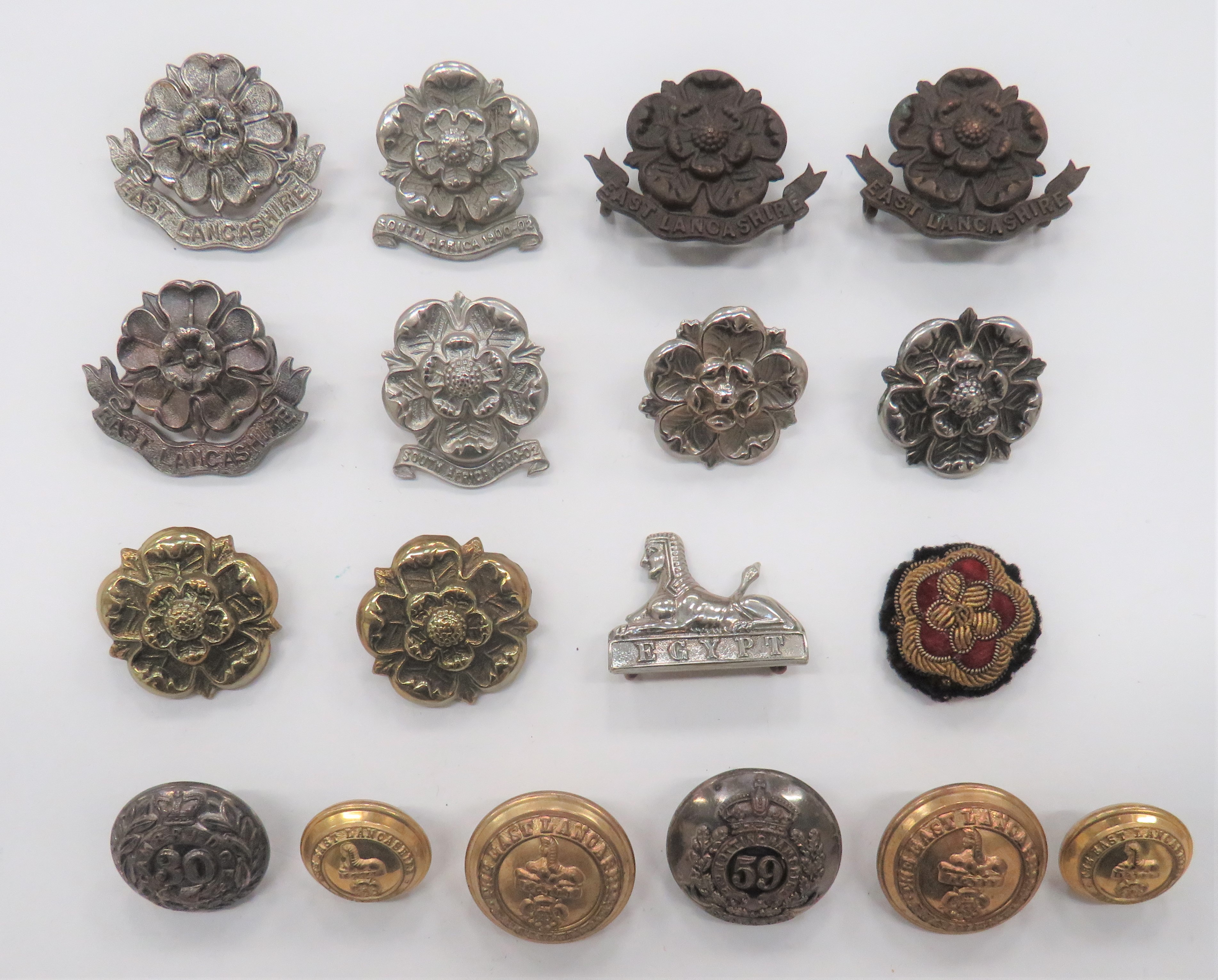 East Lancashire Collar Badges and Buttons including pair bronzed Officer ... Pair of silvered with