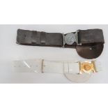 Two Current NCO's Sword Belts consisting brown leather belt with plated, QC Small Arms School buckle