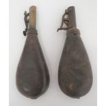 Two 19th Century Leather Shot Flasks plain leather bag flasks.  One with brass nozzle, the other
