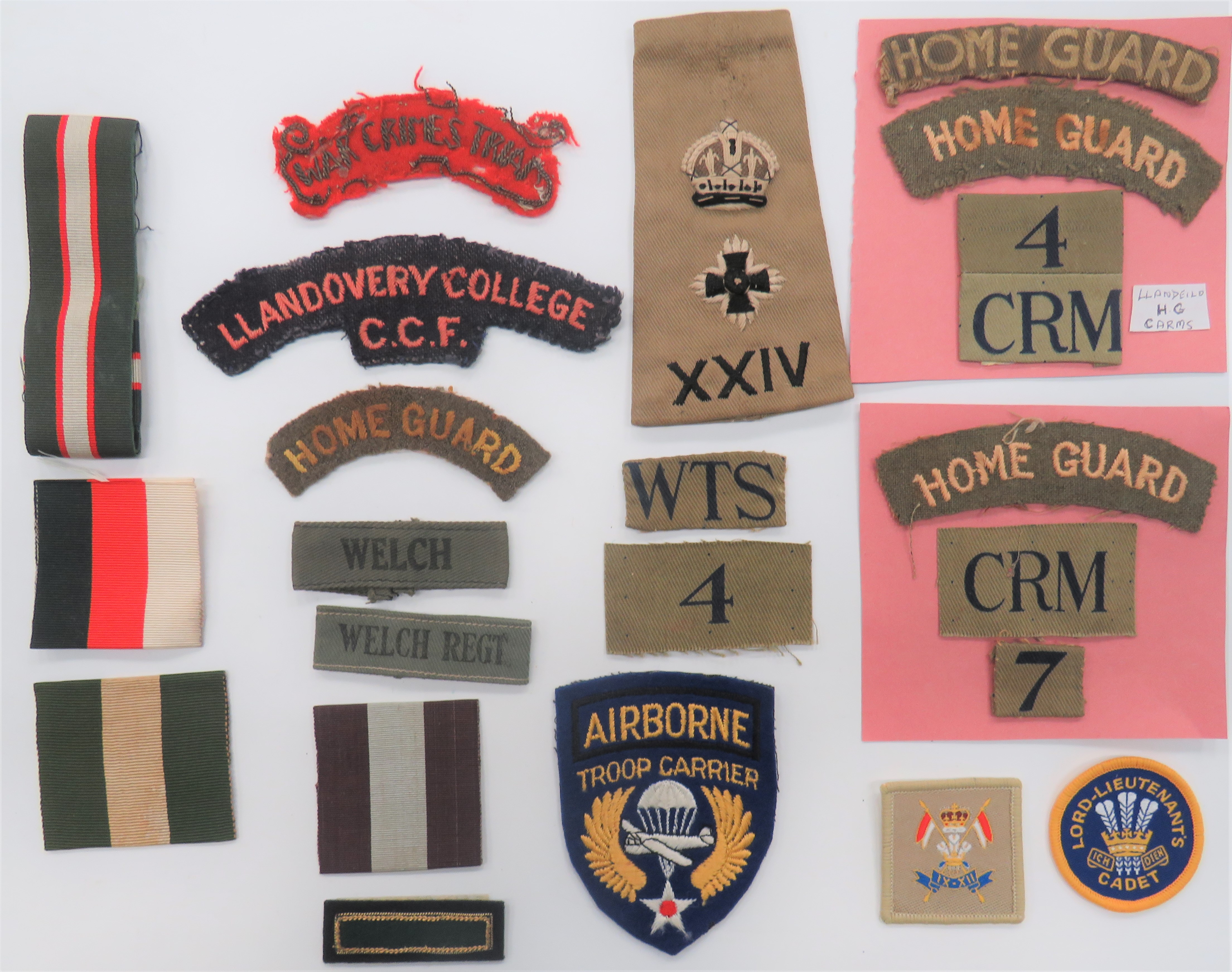 Small Selection of Cloth Badges including embroidery Home Guard title ... Printed CRM 7 ...