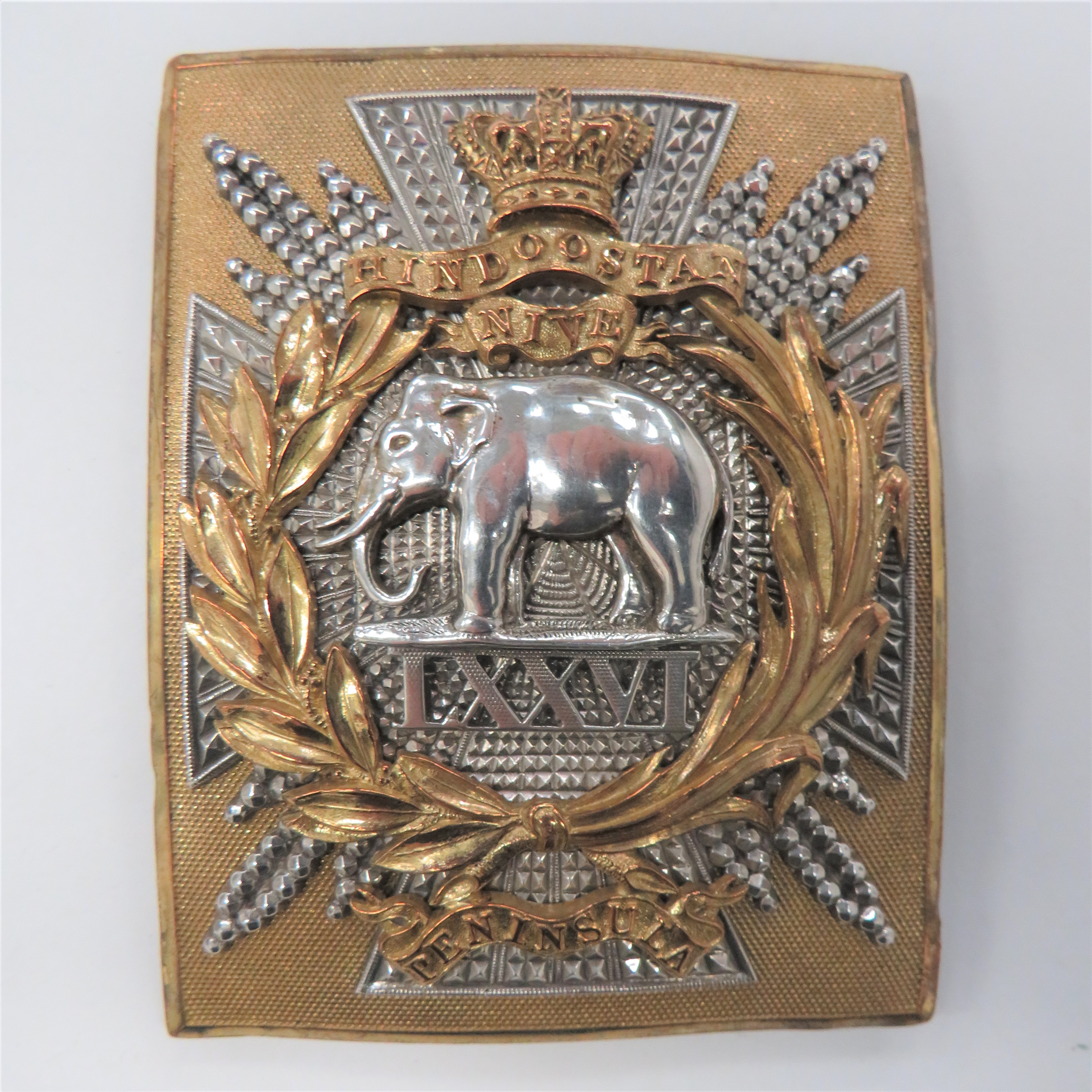Duke of Wellington's (76th) Regiment Shoulder Belt Plate gilt, rectangular plate overlaid with