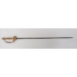 Victorian Court Sword 30 1/2 inch, double edged, narrow blade.  Etched scroll panels. Gilt brass,