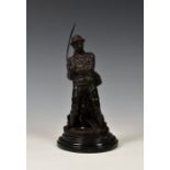 A bronze figure of a fly fisherman, signed L. Earoy, standing on oval marble plinth, 8 ¾in. (22.