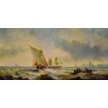 J. A. Arnett (20th century), Shipping in stormy seas off the coast oil on panel, signed lower