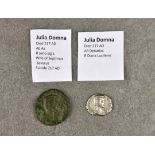 Numismatics - Roman coins; Two Julia Domna 217 AD, comprising an AR Denarius, reverse Diana