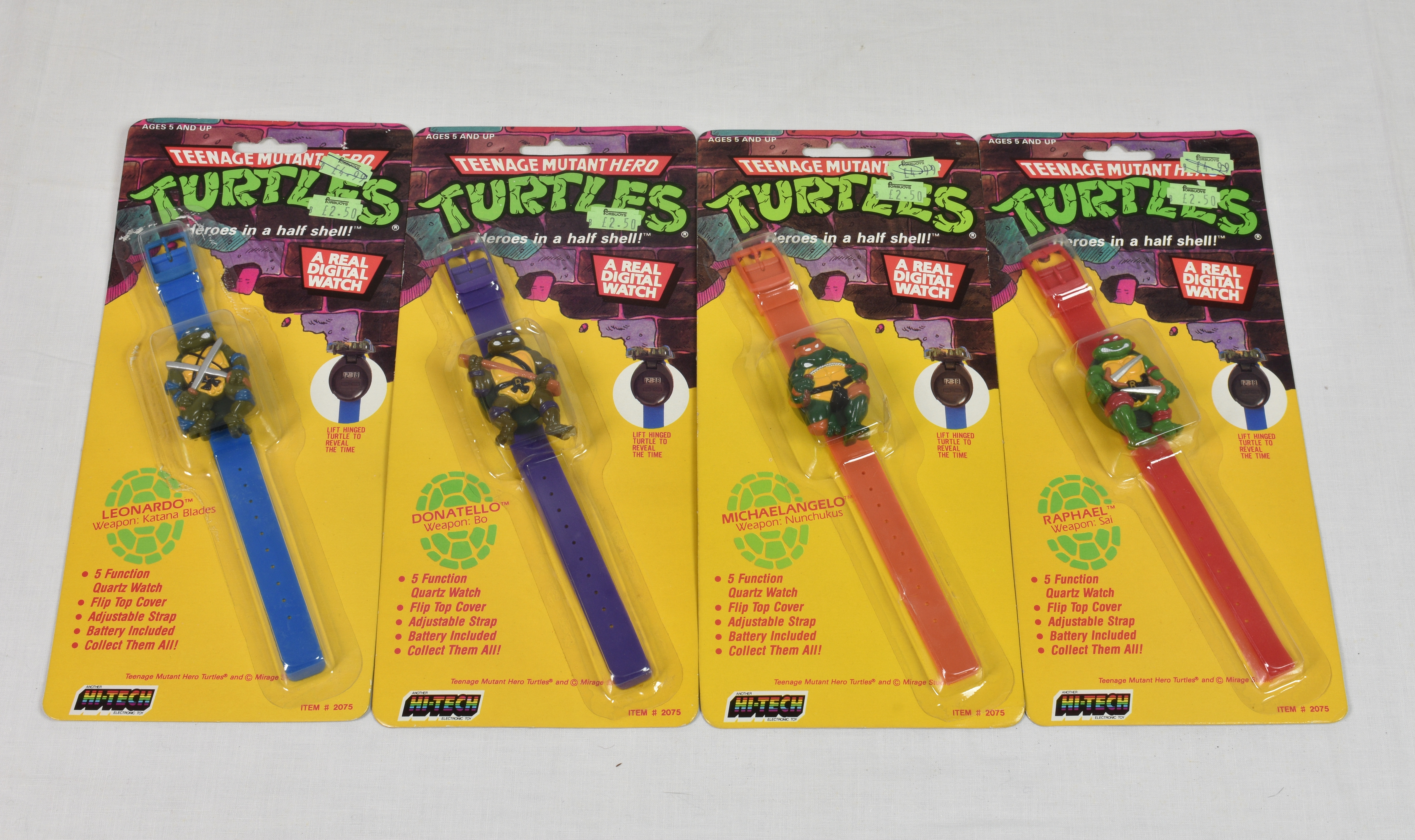 A full set of four vintage Teenage Mutant Hero Turtles wrist watches in original packaging by Hi-