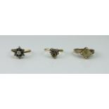 Three 9ct gold stone-set rings. (3),