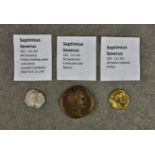 Numismatics - Roman coins: Three Septimius Serverus 193-211 AD, comprising: AR Denarius, reverse