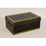 A Chubb & Sons vintage metal strong box, the rectangular box with painted gold trim, opening to