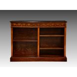 An Edwardian style mahogany and marquetry dwarf bookcase, the moulded top over a satinwood banded