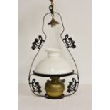 An English Juno oil lamp ceiling pendant, with white milk glass shade, painted metal frame, later