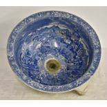 A Victorian blue and white transfer decorated sink, of typical circular form, transfer printed