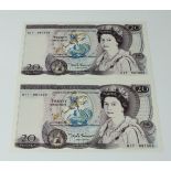 BRITISH BANKNOTES - Bank of England Twenty Pounds consecutive pair, c.1948, Signatory D H F