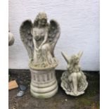 A composite stone Angel statue on column pedestal base, overall height, 31¾in. (80.7cm.) high,