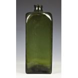 A 18th century Dutch or English olive green free blown pig snout gin bottle, of rectangular straight