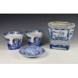 Three blue and white jardinières, to include a 20th century Chinese jardinière and stand of shaped
