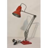 A modern anglepoise lamp, after Herbert Terry 1227 original, red and chrome, stepped square base,