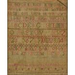 An early 19th century sampler, having upper & lower case alphabet and numerals above name and date