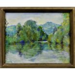 GUY (British, mid-20th century), A wooded lake shore watercolour, signed lower right, 7¾ x 11¾in. (