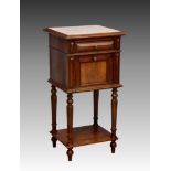 A French oak and walnut marble-top bedside cabinet, early 20th century, the grey speckled white