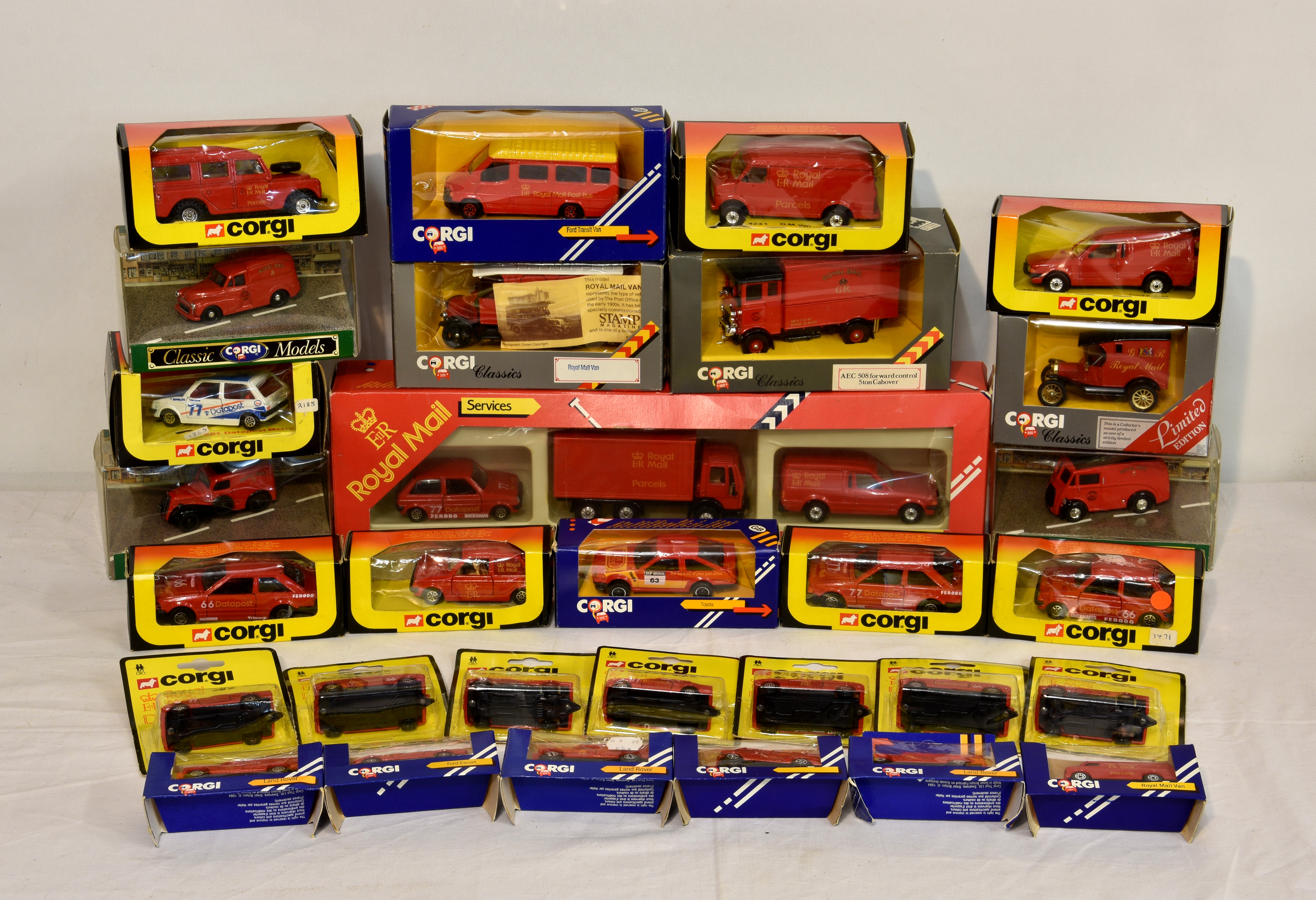 A large collection of vintage 1980s Corgi " Royal Mail " boxed diecast vehicles, comprising of C22