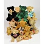 A large collection of various vintage teddy bears, to include a green Russ bear with original label;