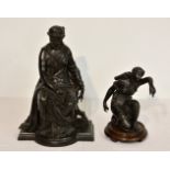 A spelter figure of a seated classical maiden, unmarked, 15in. (38.2cm.) high, together with another