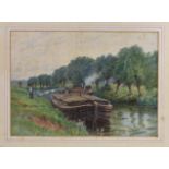 English School (early 20th century), Mooring the widebeam barges watercolour, unsigned 9½ x 13¼