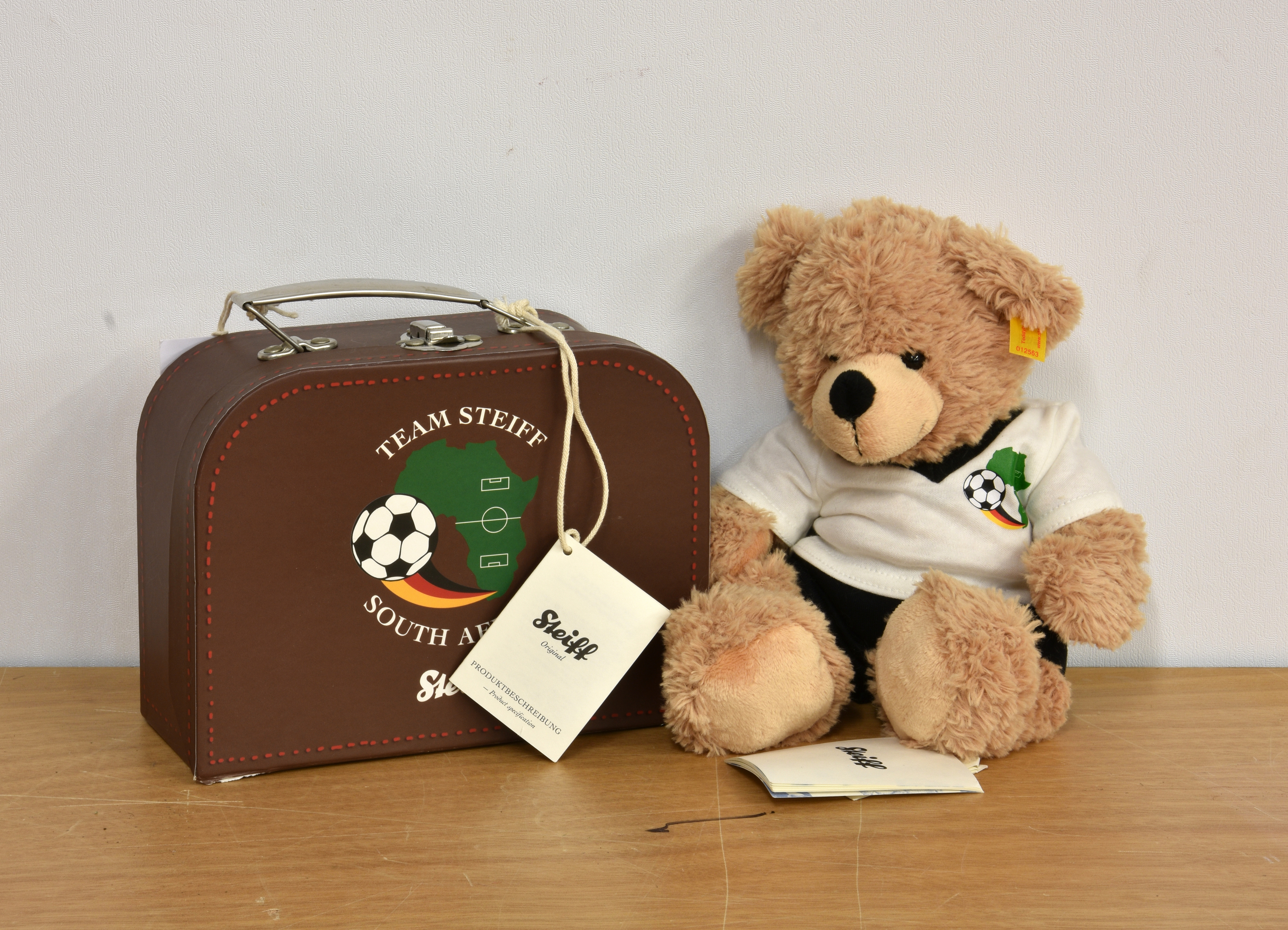 Steiff Bear - Team Steiff Football South Africa 2010 World Cup Bear in suitcase No. 012563.,