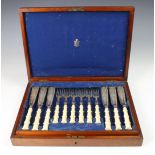 A Victorian cased set of silver and bone fish knives and forks, Josiah Williams & Co, London,