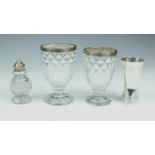 Two silver mounted George III small diamond cut glass footed goblets, the mounts hallmarked