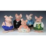 A set of five Wade Natwest pigs, with original stoppers, to include Woody; Annabel; Maxwell; Lady