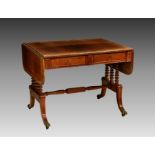 A late-Regency style mahogany sofa table, late 20th century, the cross banded dropflap top over