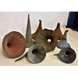 A small group of various metal gramophone & phonograph horns, the eight horns of varying types and
